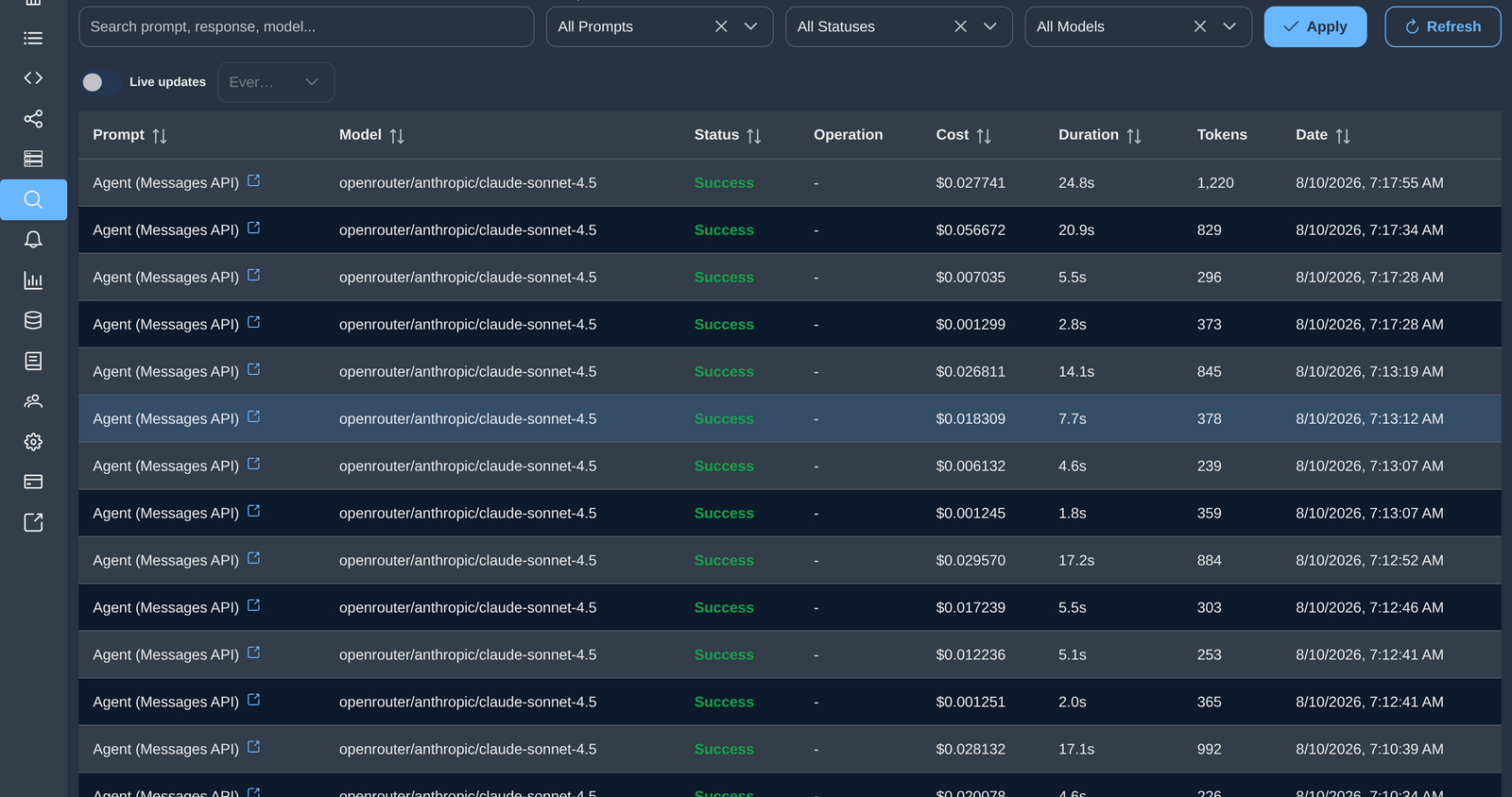 VernaOne interactions explorer — model, cost, latency and tokens per run