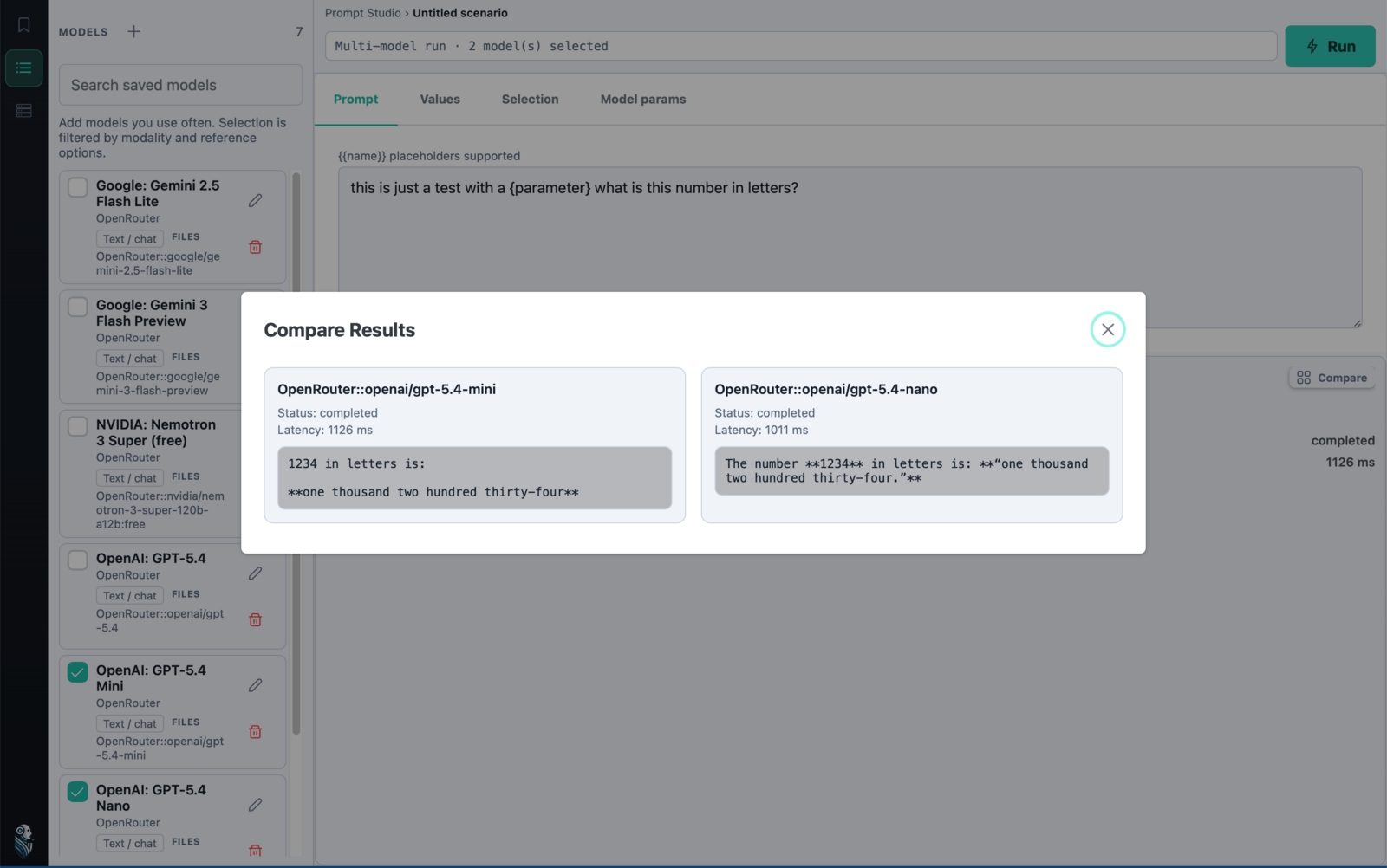 VernaOne desktop app comparing two model outputs side by side in Prompt Studio